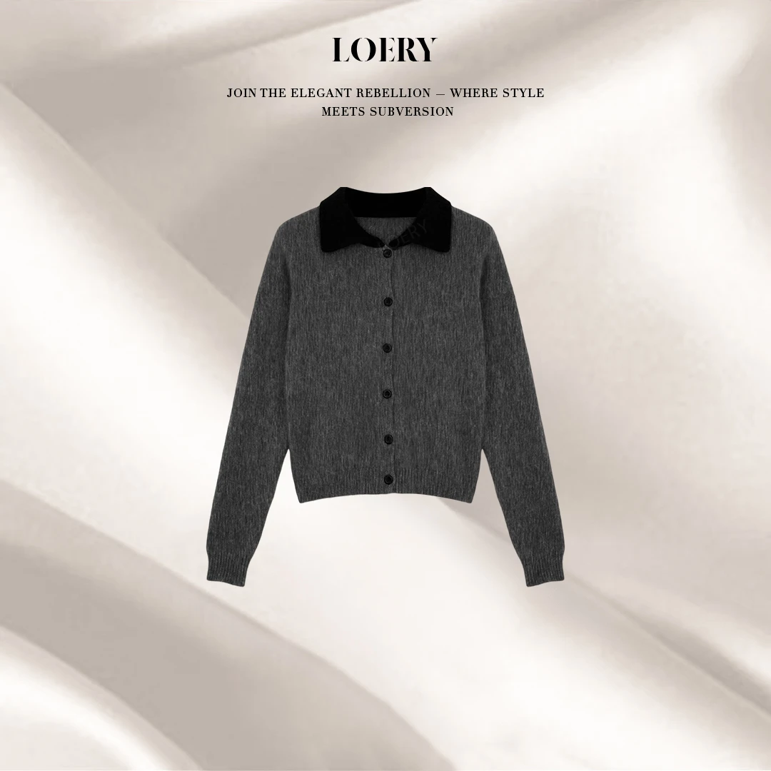 LOERY【学院派编号120】polo领拼色康宝莱羊毛通勤针织上衣-11001