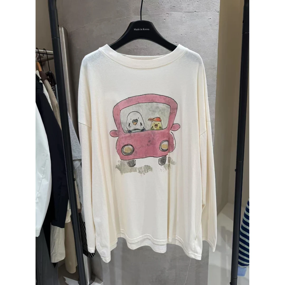 韩国东大门2025春季新款可爱小萌鸡汽车印花休闲长袖T恤