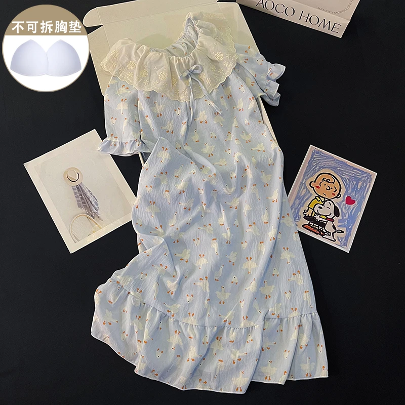 可爱大白鹅睡衣睡裙女甜美带胸垫夏天短袖蝴蝶结连衣裙宽松家居服