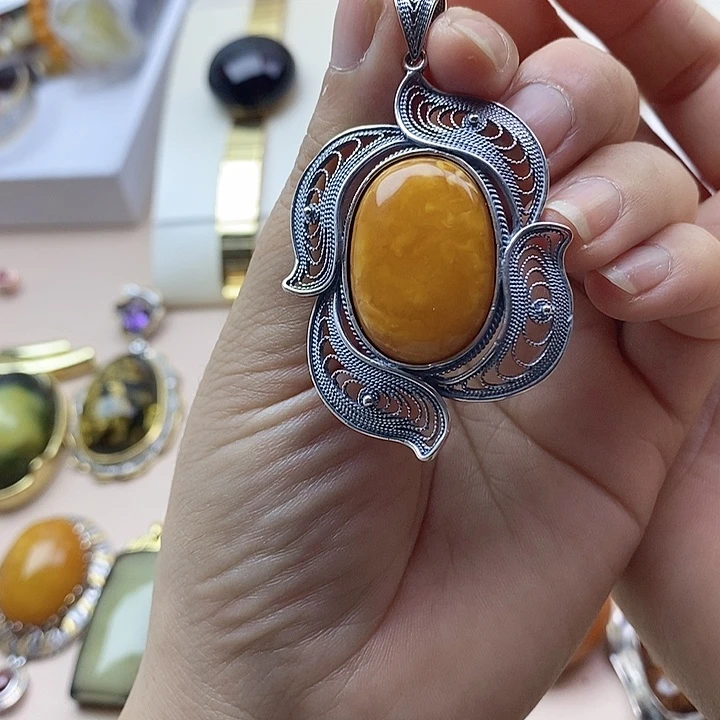 银S925镶嵌吊坠(不含链)蜜蜡蜜蜡吊坠