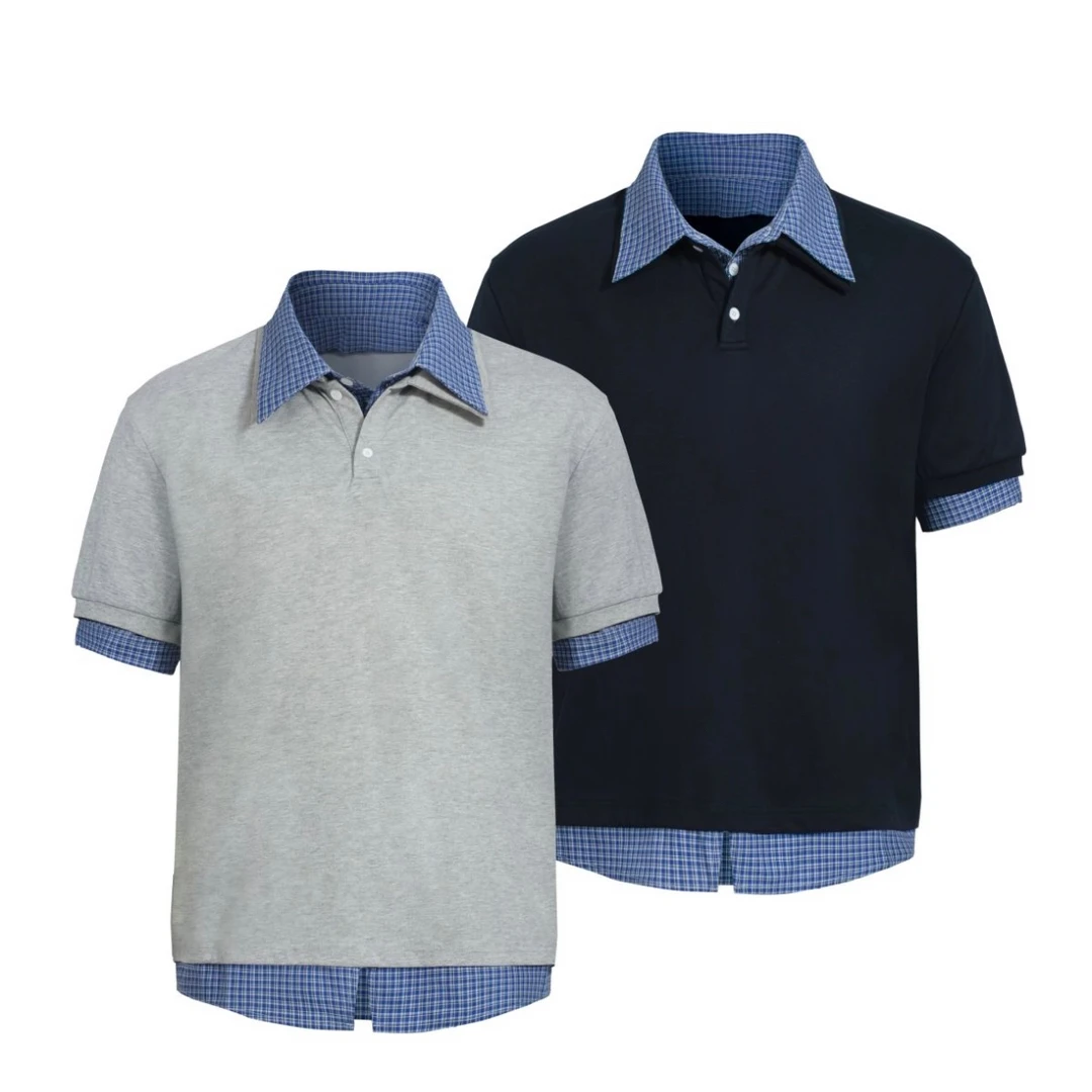 「原创正品」DERT 假两件格纹POLO短袖衬衫知识分子高级感雅奢T恤