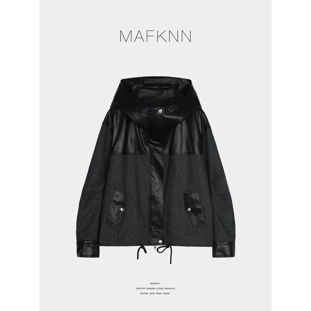 MAFKNN/玛肯时尚休闲简约纯色百搭带帽拼接皮外套MK13190