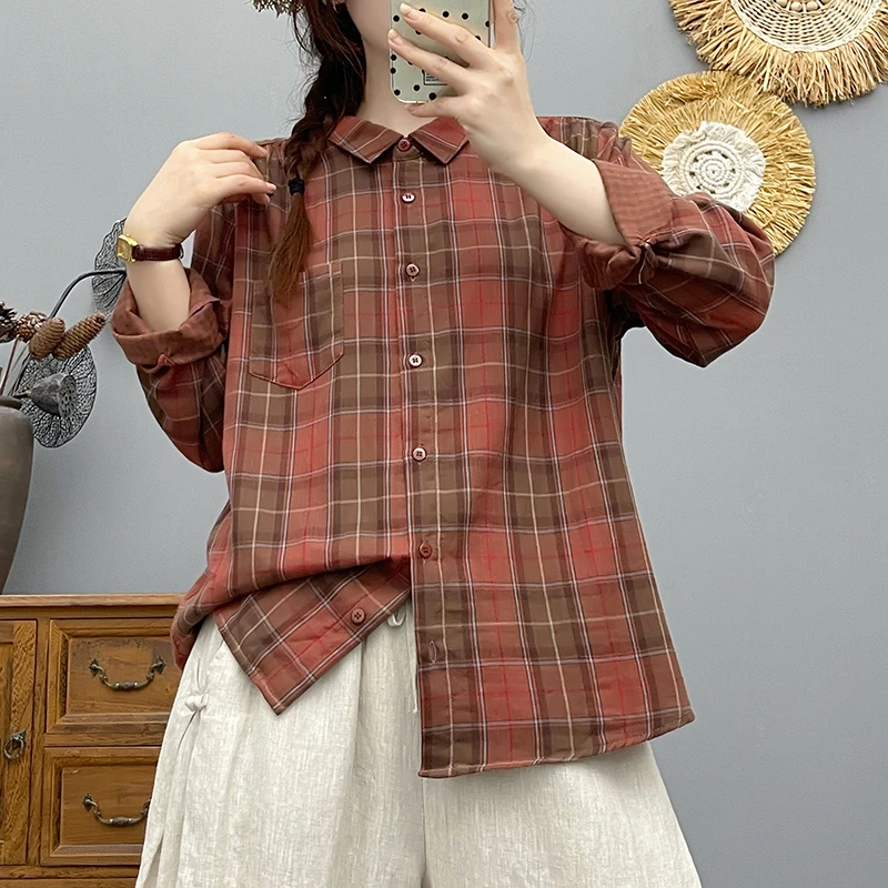 双层纱纯棉复古宽松港风时尚长袖休闲百搭衬衫女格纹春秋衬衣