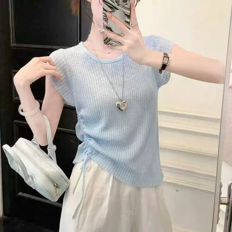 气质显瘦小飞袖纯色针织衫夏季女款侧边抽绳收腰竖坑条圆领上衣薄