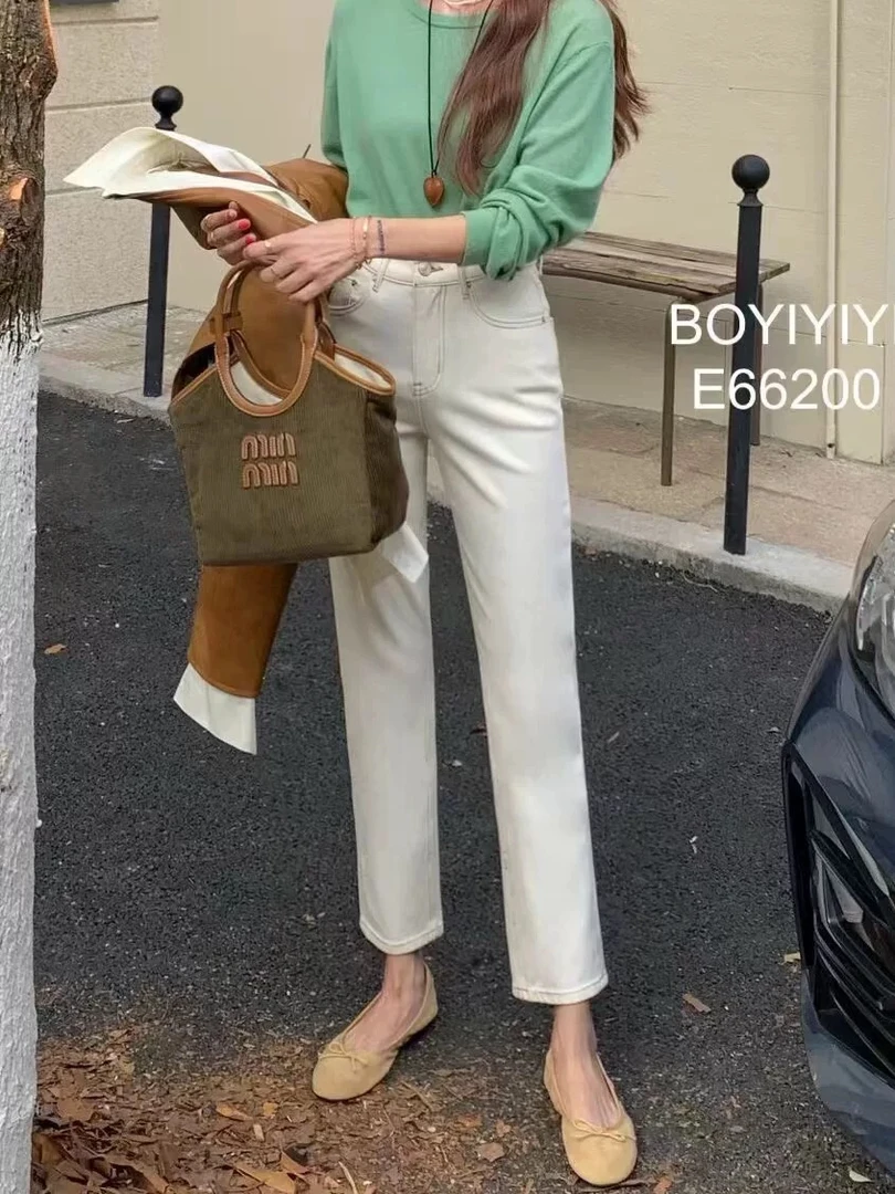 1395-米白色直筒牛仔裤女春秋新款高腰显瘦小个子九分杏色烟管裤