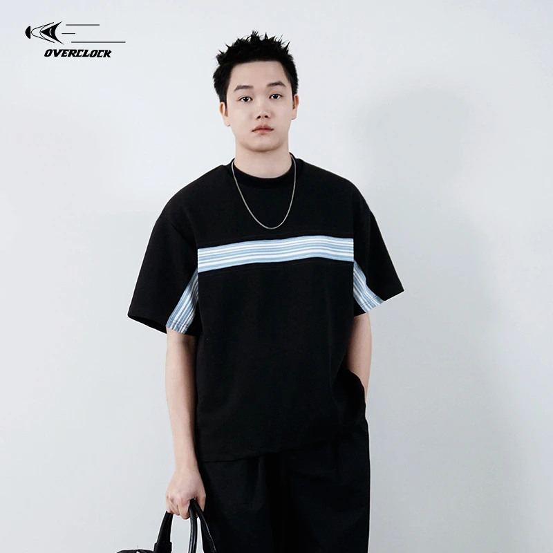 OVERCLOCK 2025夏季新款男装索罗娜凉感简约拼接条纹男装T恤 A005