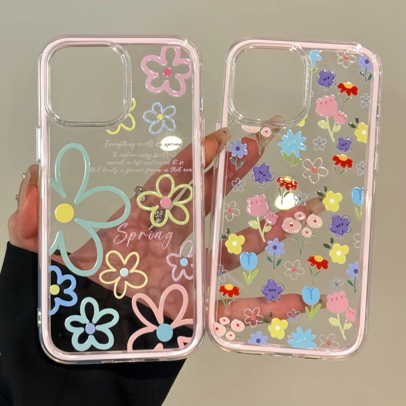 适用苹果16pro三合一炫彩iPhone15手机壳华为创意ins春日花朵线条