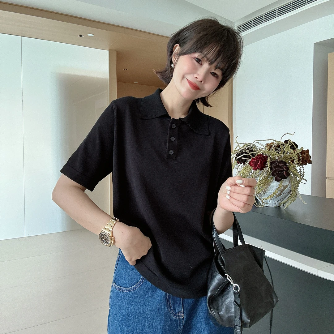 夏季小众设计极简风轻薄透气针织衫polo领短袖T恤