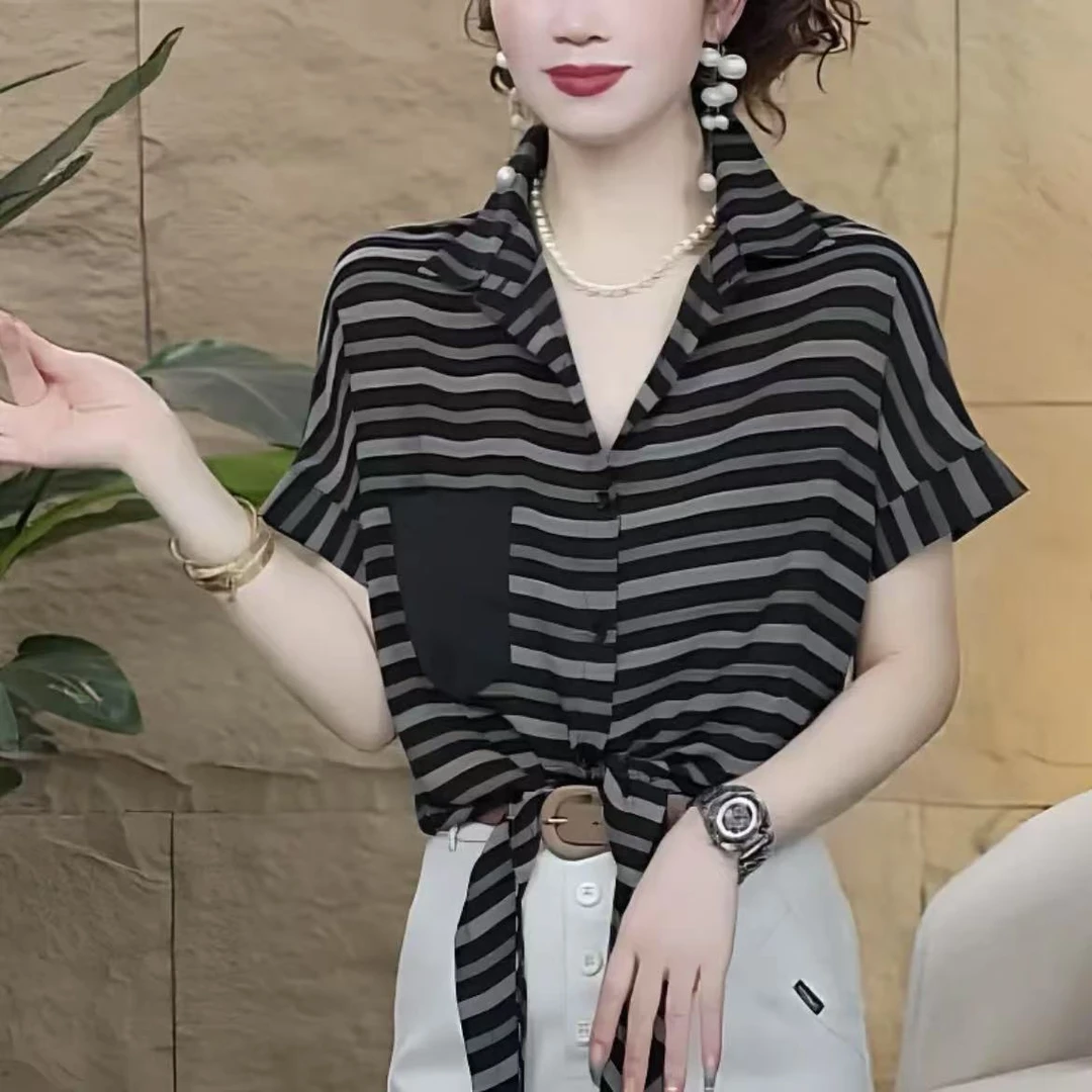 夏季新款时尚宽松POLO领短袖T恤衬衫条纹女士上衣显瘦小衫设计感