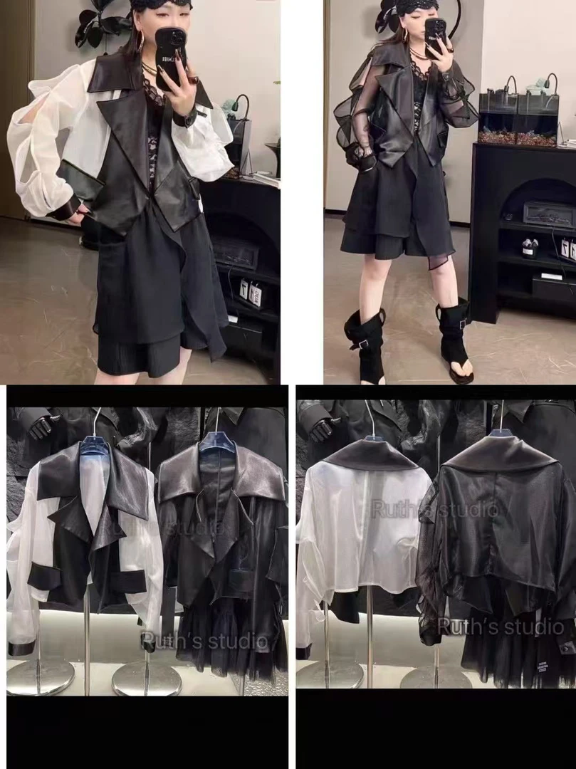 2025欧货爆款小众设计酷飒个性洋气大翻领网面西服款潮薄外套