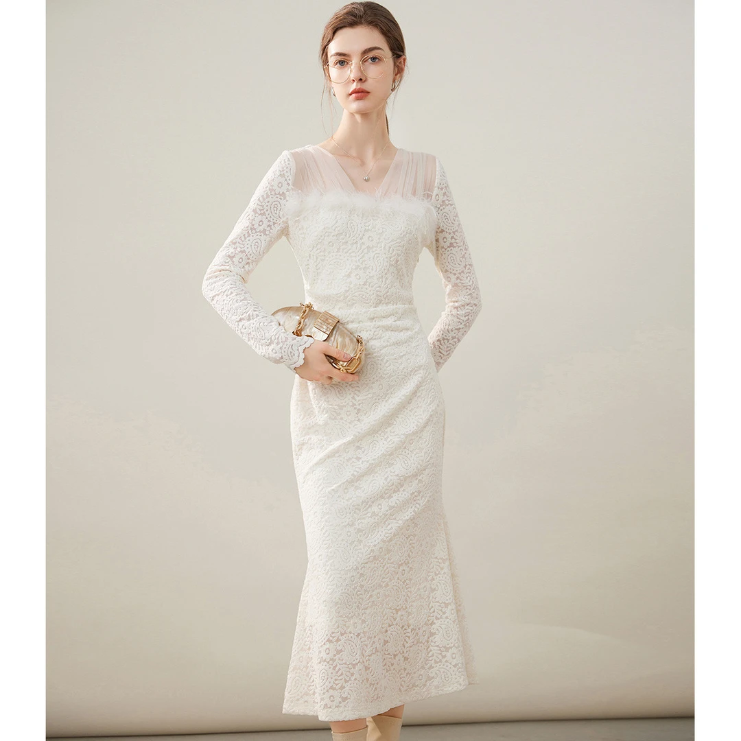 【小呆鸟粉丝专享】&白鹿语优雅V领拼接绒面蕾丝鱼尾连衣裙ZBX20036
