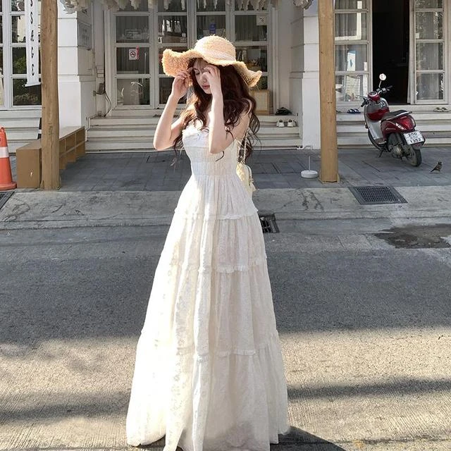 粉色吊带连衣裙女夏季2025新款掐腰裙小个子法式温柔风a字裙长裙