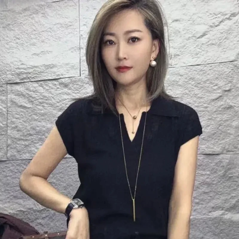 韩版修身显瘦v领短袖毛针织衫女2025夏季小众设计感百搭时尚上衣