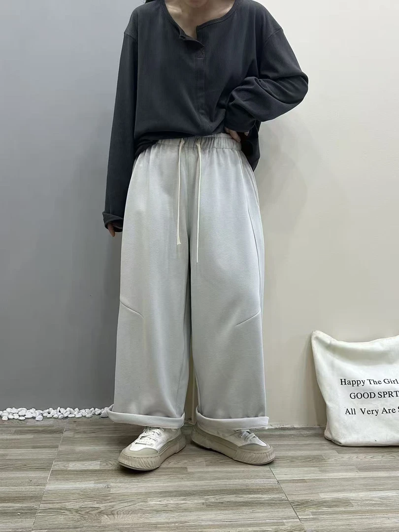 【9878休闲裤直筒卫裤】冬季加绒加厚ins静奢风纯色微弹丹宁风宽松