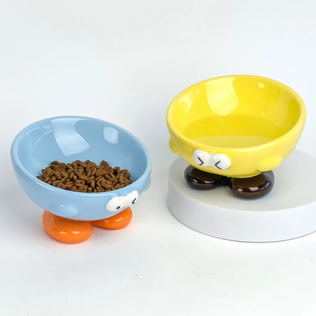 创意可爱表情宠物碗斜口陶瓷碗高脚猫碗猫粮碗狗盆猫咪食盆护颈椎