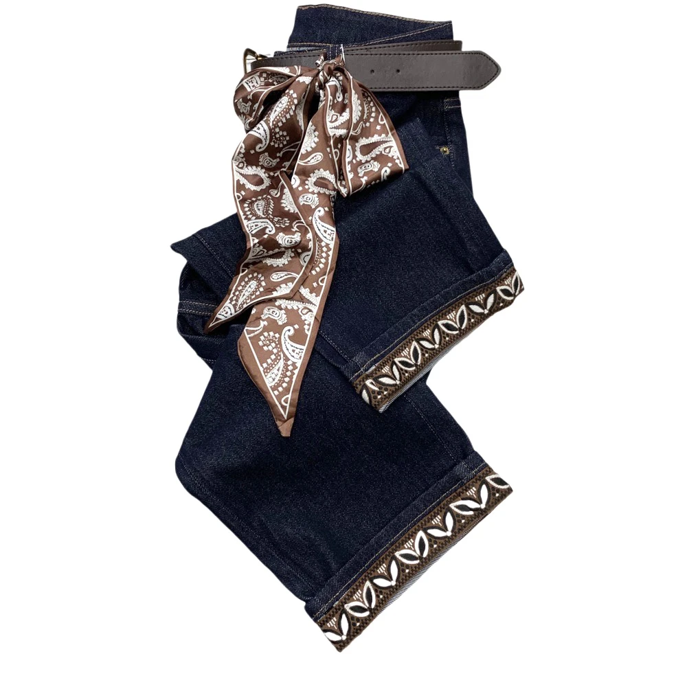 9A2050秋季新款蓝色轻奢牛仔撞色刺绣咖边洋气直筒九分裤（带腰带）