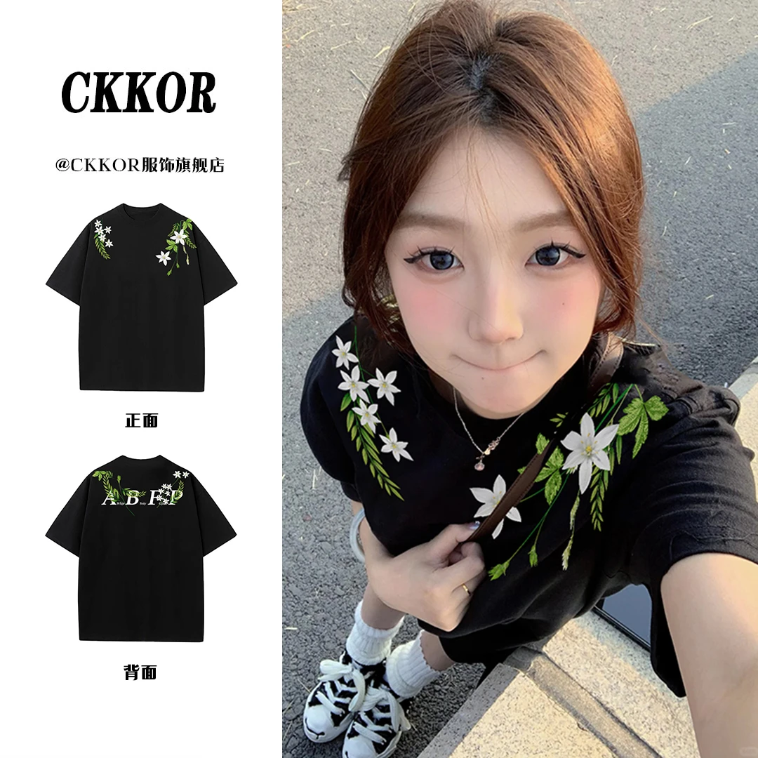CKKOR夏季新款穿搭纯棉圆领短袖t恤女字母印花休闲宽松慵懒风上衣
