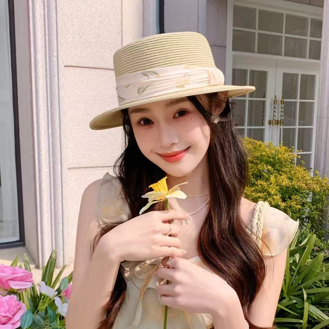 春夏新款精致细草编织新中式女时尚百搭平顶草帽千金礼帽遮阳帽
