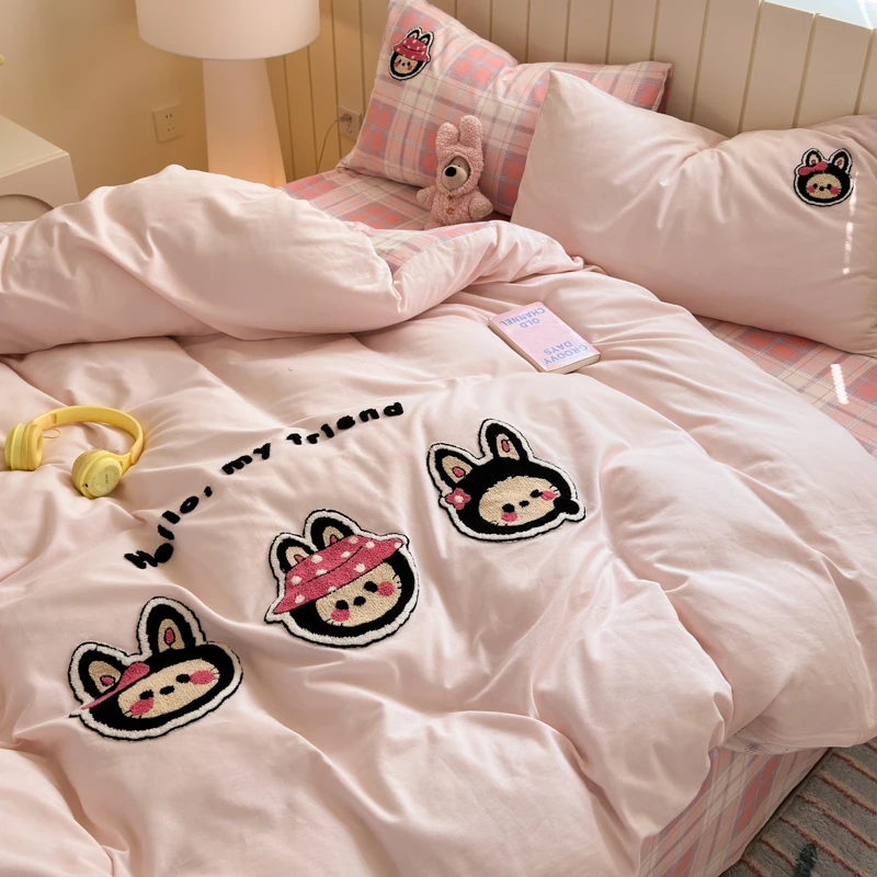 喜番｜拉布萌仔 A类加厚全棉磨毛三件套四件套 学生宿舍绣花可爱风