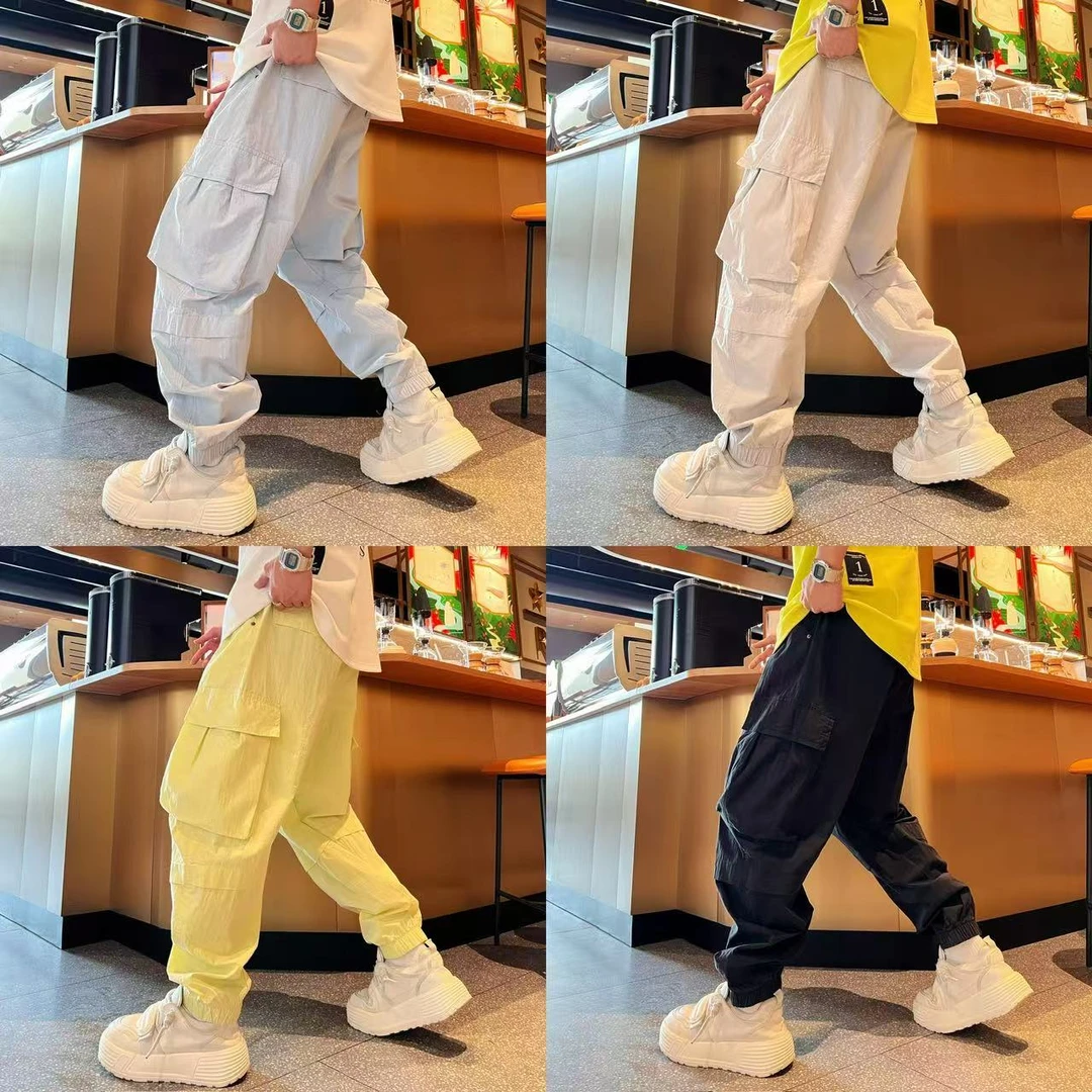 美式个性百搭宽松大口袋工装潮流时尚轻薄透气男士松紧腰束脚裤