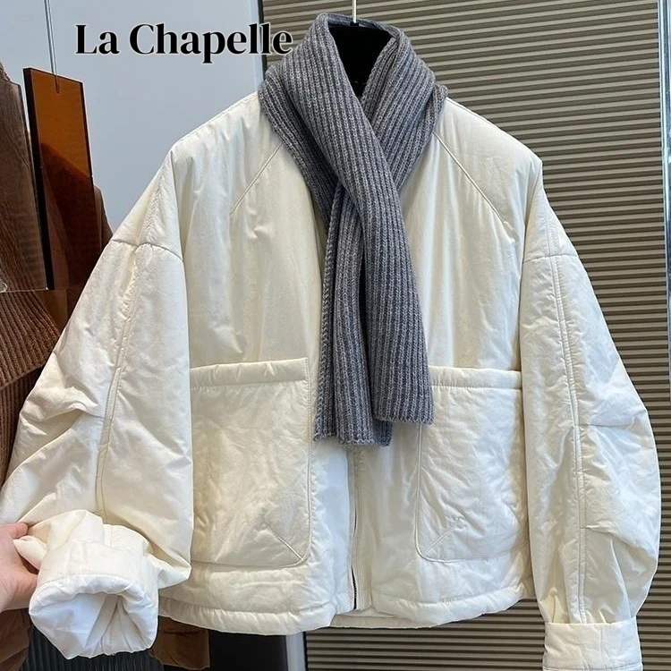 拉夏贝尔流行针织围巾叠穿大口袋棉服女秋冬新款宽松保暖棉衣外套