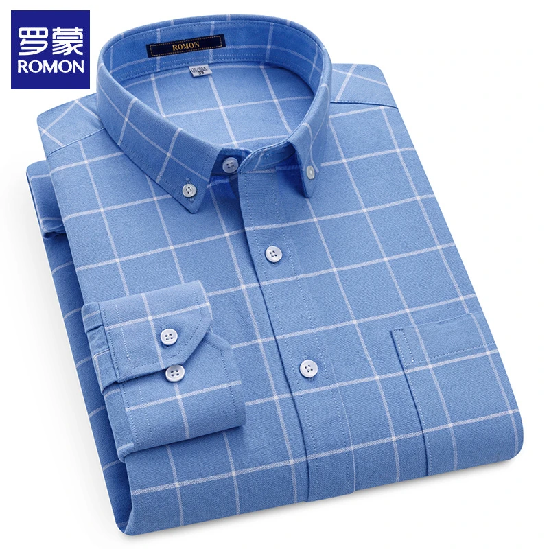罗蒙100%纯棉牛津纺衬衫男春秋长袖衬衣全棉中年休闲格子高档男装