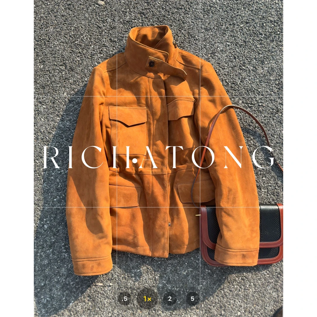 RICH ATONG.-【蜜桔】-进口反绒羊皮小立领骆驼绒皮衣1123-05