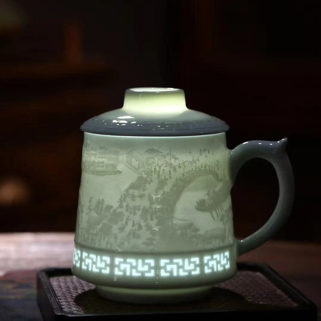 景德镇玲珑浮雕陶清明上河图茶杯适合家用办公室杯礼品杯
