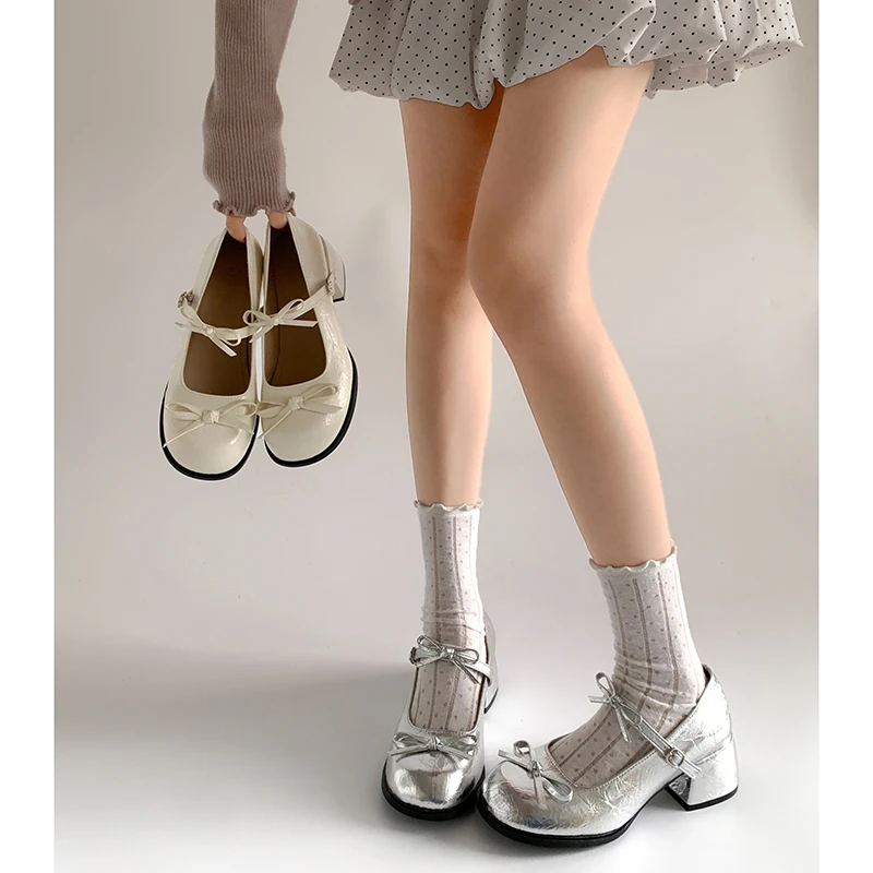法式银色小个子浅口粗高跟单鞋女2025新款秋季配裙子JK玛丽珍鞋子