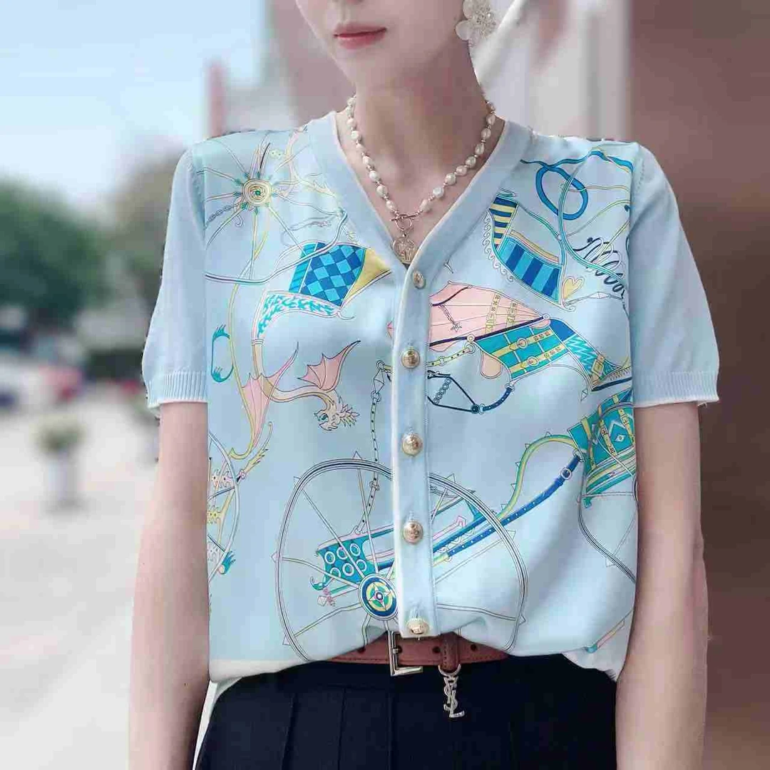 【帆船印花】2025夏季SS 24084桑蚕丝拼接短袖开衫