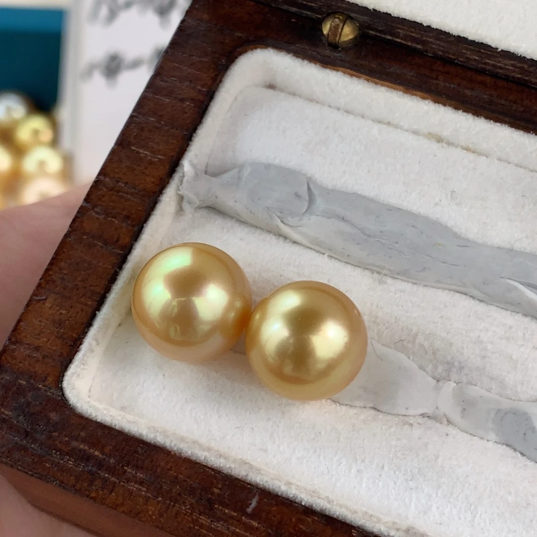 定制海水珍珠裸珠未镶嵌11-12mm金珠裸珠两颗