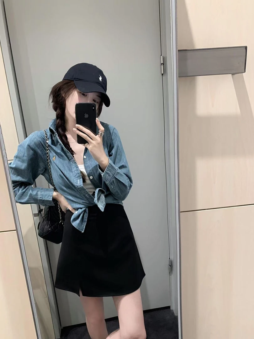韩系复古叠穿牛仔衬衫外套女2025春季新款黑色开叉半身裙两件套