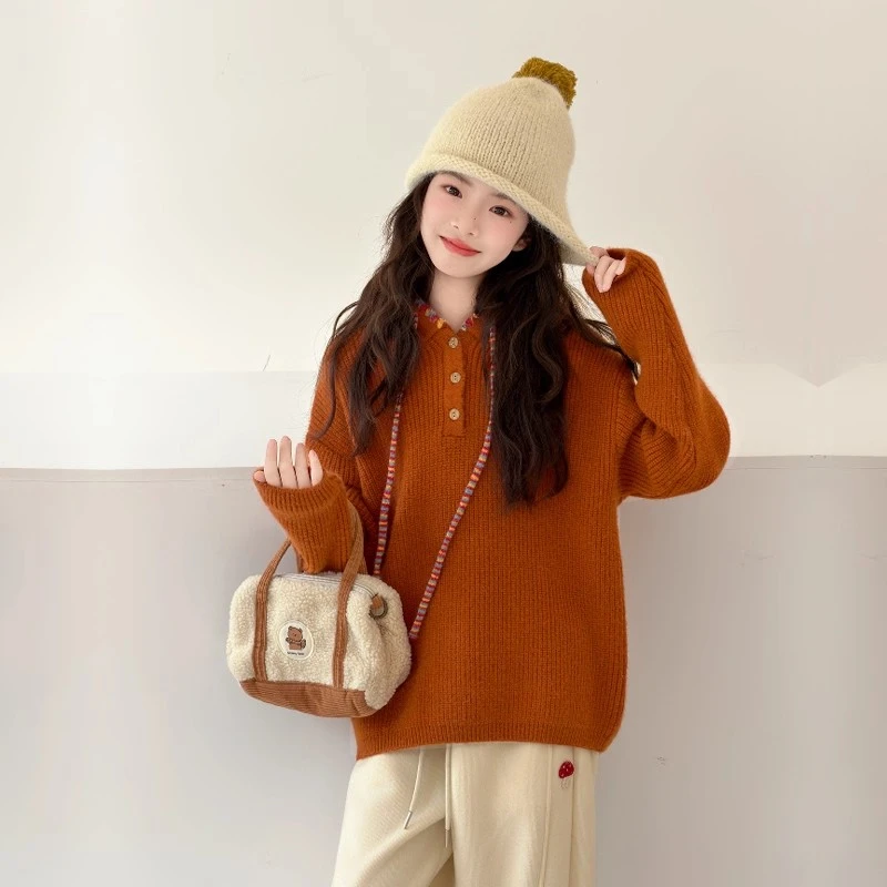 女童毛衣秋冬装2025新款儿童韩系彩绳连帽针织衫宽松百搭保暖上衣