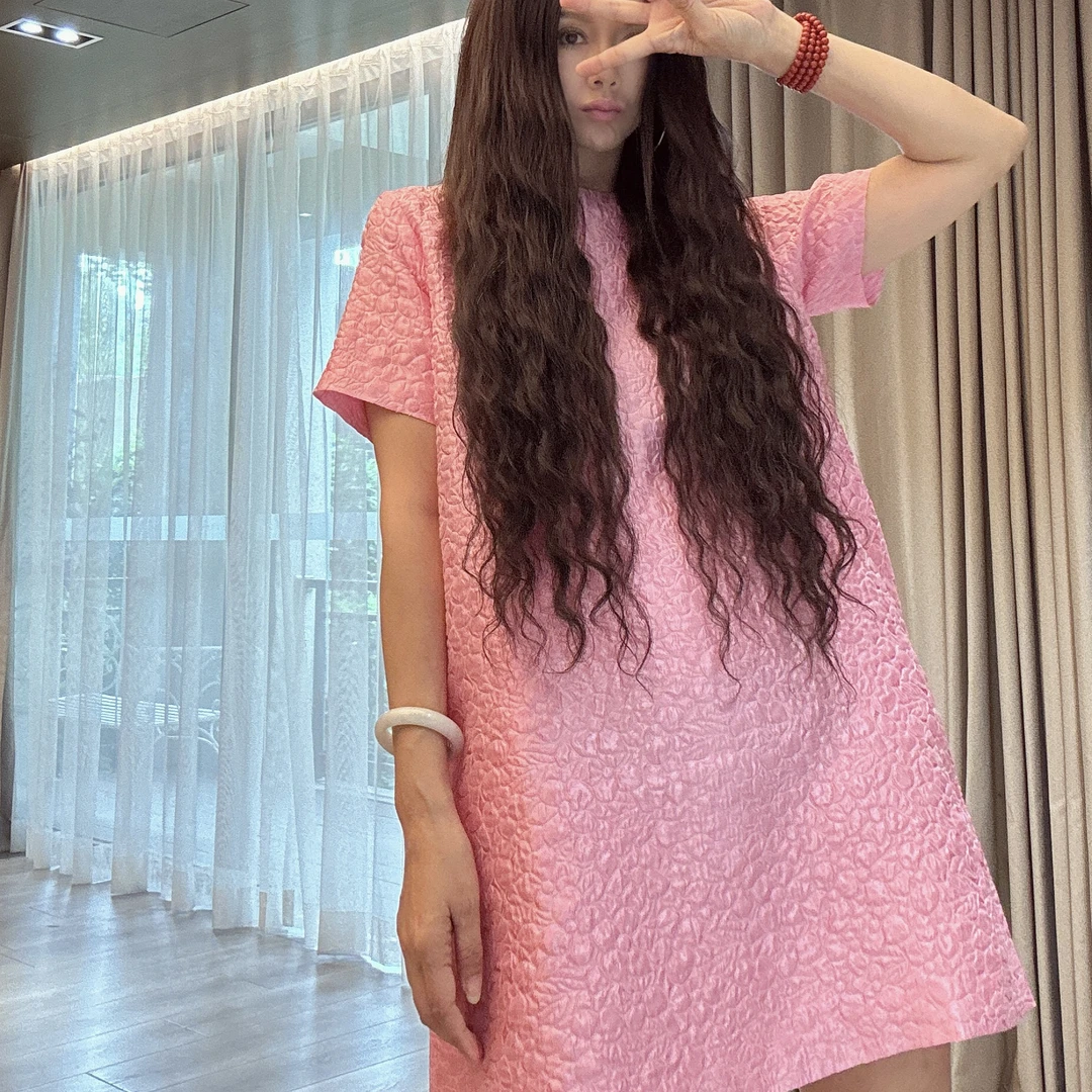 【周周家】新款夏季白色真丝提花气质显瘦百搭短袖连衣裙