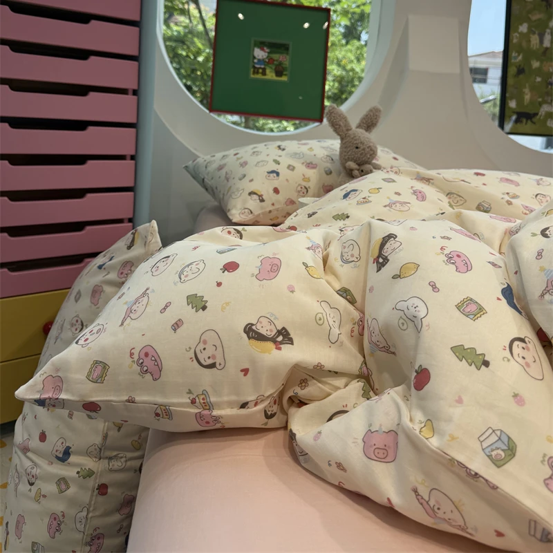 易安阁萌呆呆卡通阿呆粉双层纱纯棉四件套1.5m1.8米全棉床单被套