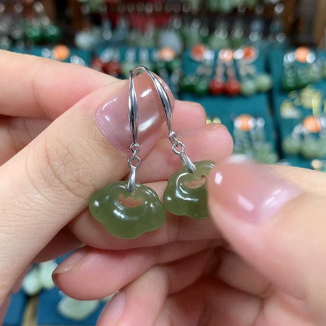 和田玉银S925镶嵌耳饰如意卡16mm左右