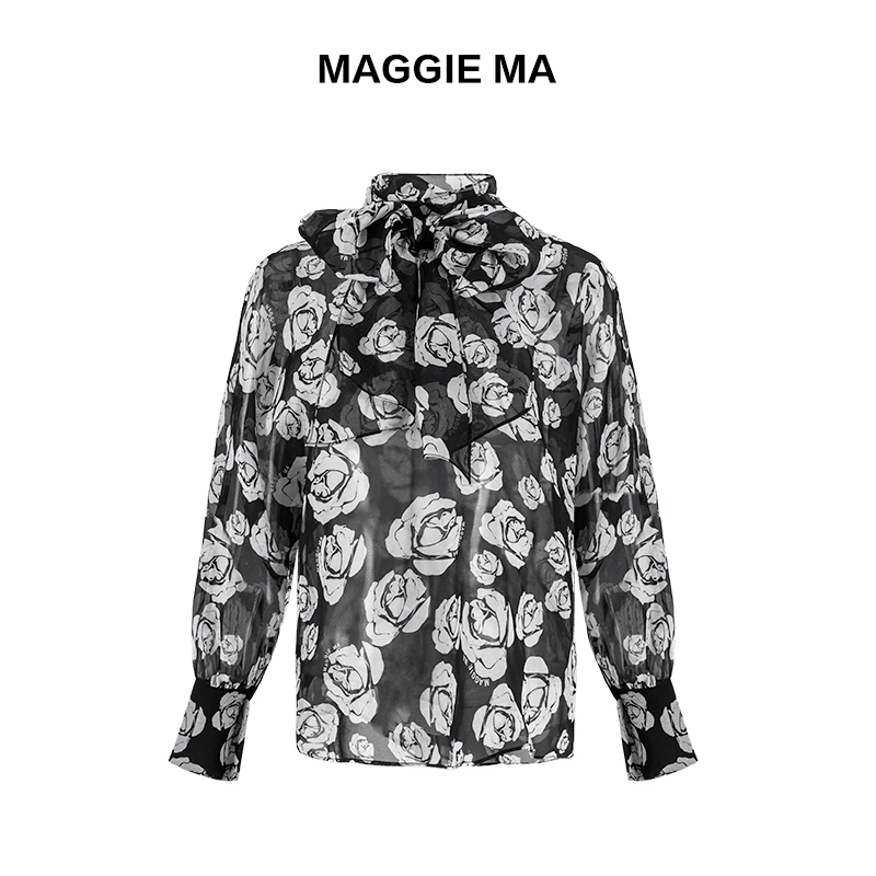 MAGGIE MA马婧设计师款黑白玫瑰浪漫绽放绑带蝴蝶结结衬衫063S