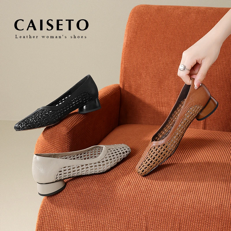 头层羊皮/3.5CM2025夏季新款时尚百搭编织镂空单鞋女鞋25D396