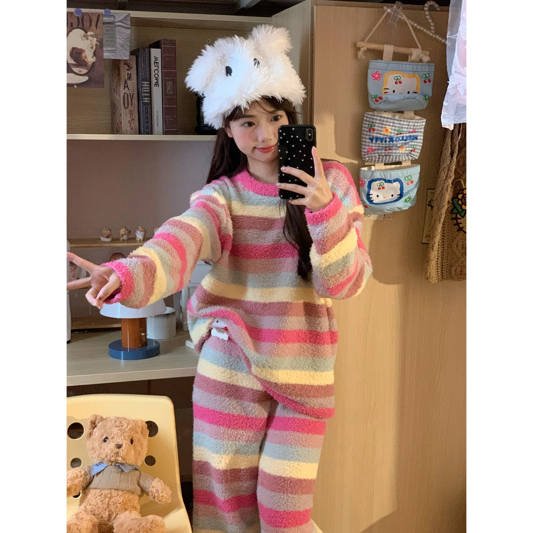 彩色条纹半边绒睡衣女秋冬新款保暖针织长袖长裤家居服套装可外穿