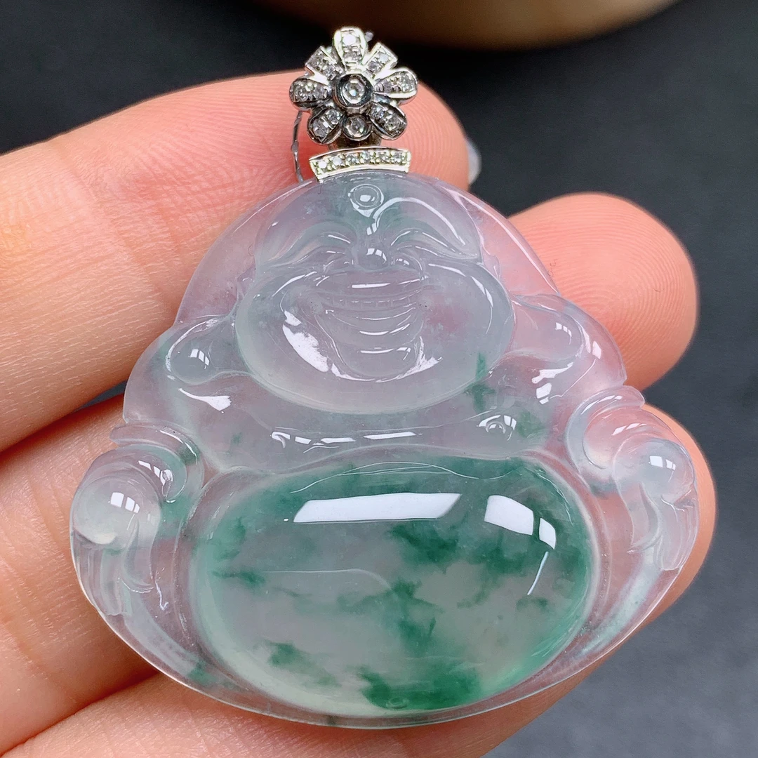 天然缅甸翡翠A货18k冰飘花佛公气质精美尺寸36+32+6.3