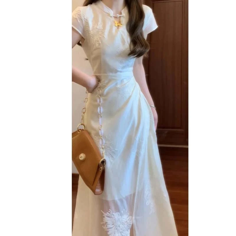 【有里布】圆领新中式长裙短袖裙长旗袍收腰法式显瘦气质白色D2497