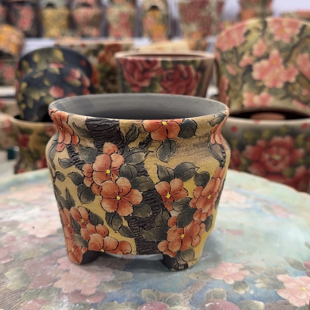 紫砂花盆精品多肉手绘花盆