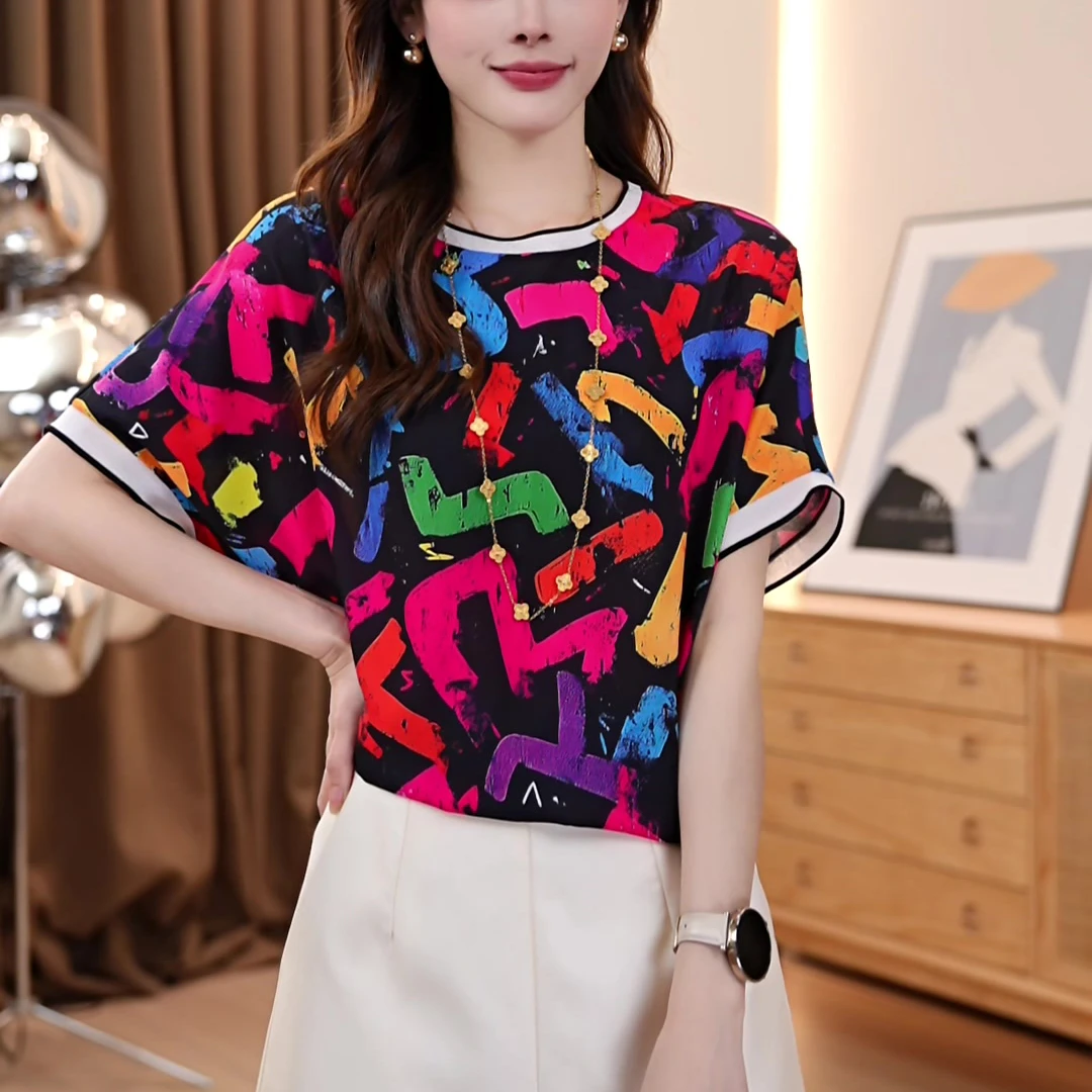 夏季小众时尚圆领小衫薄款彩色字母透气减龄气质宽松显瘦百搭上衣