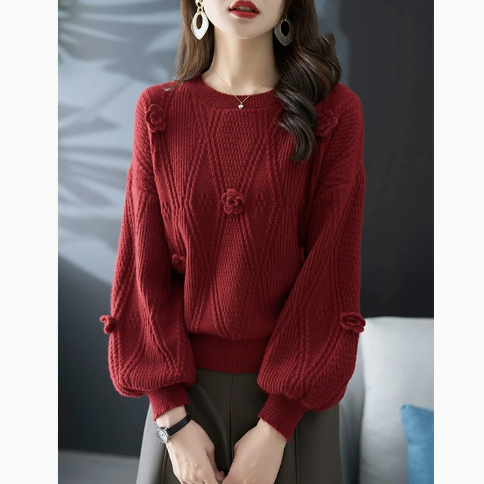 2025新款高级感立体花朵小衫女装秋冬季红色灯笼袖宽松打底针织衫