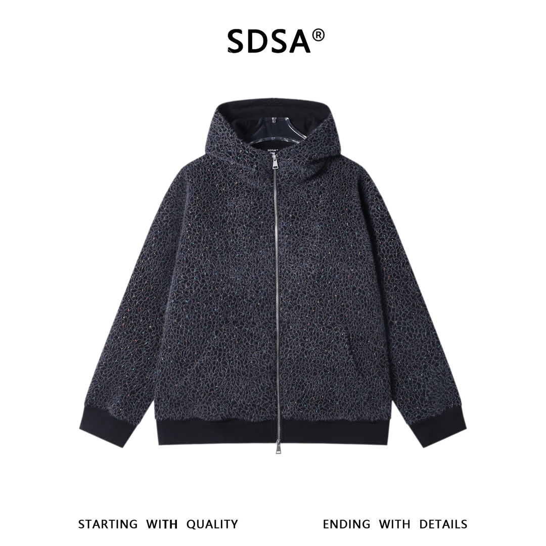 SDSA秋冬新款痞帅男装潮牌绒毛小格子刺绣拉链立领连帽卫衣外套