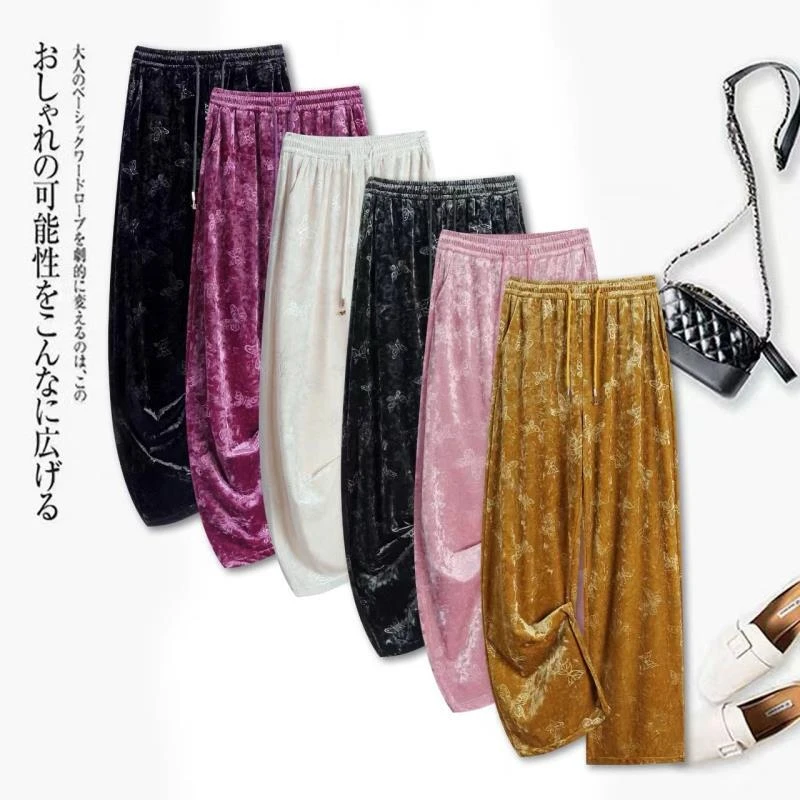 （蝴蝶丝绒裤）国风压花金属扣百搭丝绒裤