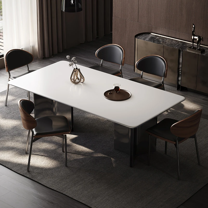意式轻奢餐桌岩板餐桌现代轻奢黑色长方形家用餐桌椅吃饭桌