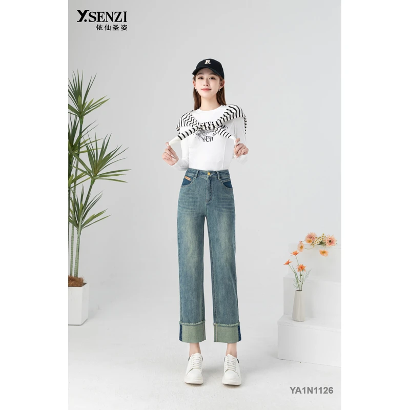 依仙圣姿品牌女裤高腰宽松显瘦卷边直筒九分烟管牛仔裤YA1N1120款