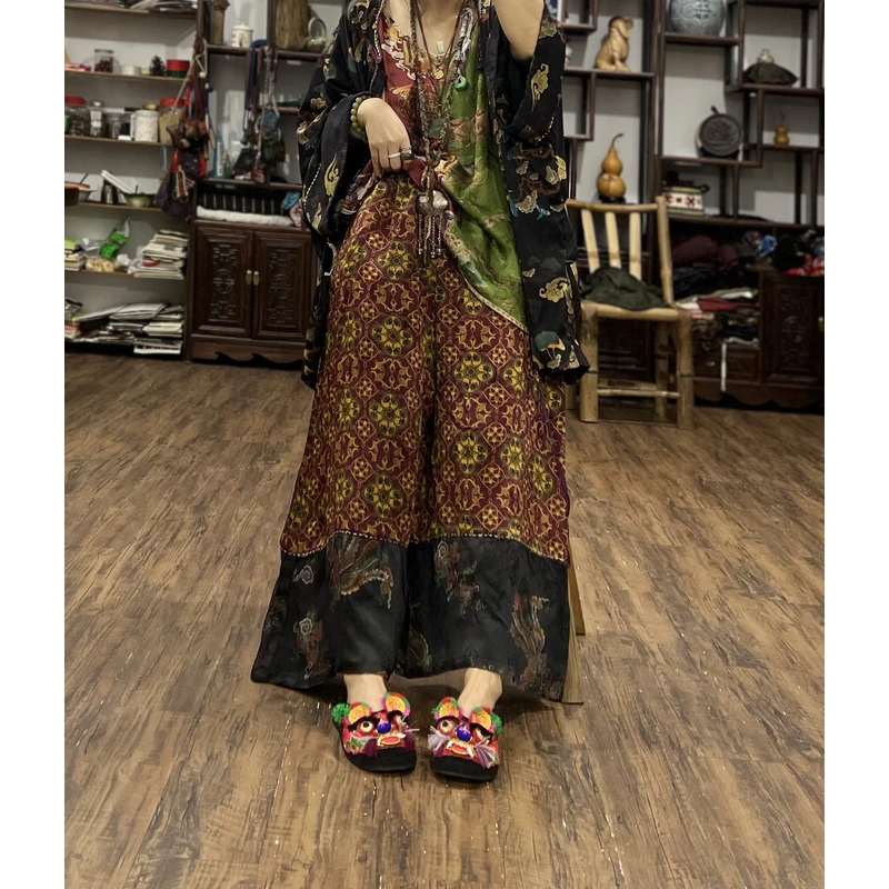 美子原创阔腿裤松紧新中式哈伦裤休闲裤重工拼接长款（裤长90）