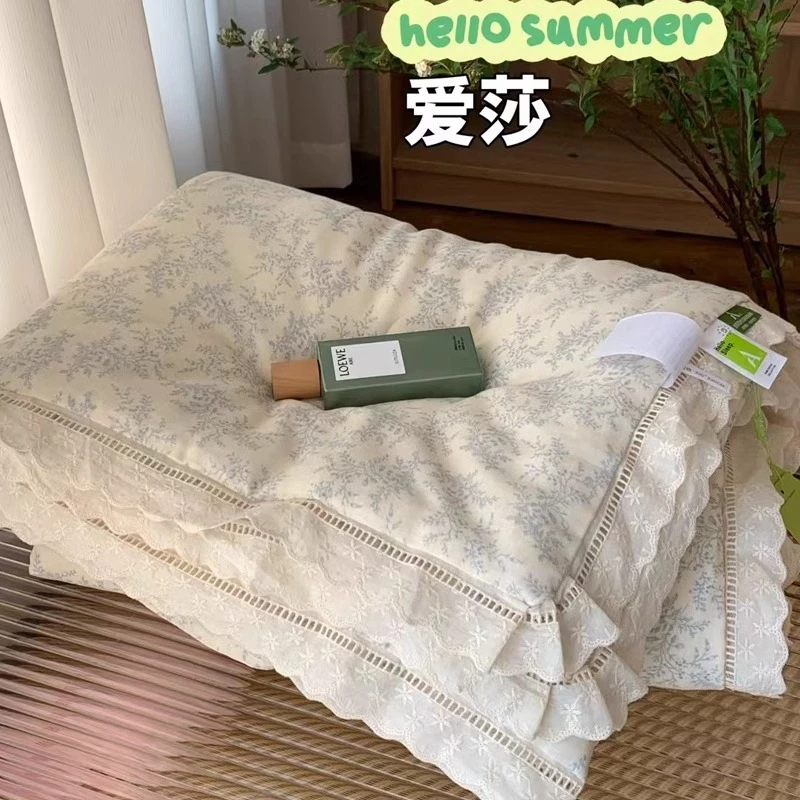a类全棉双层纱蕾丝花边夏被四件套超柔软清新小碎花可机洗空调被